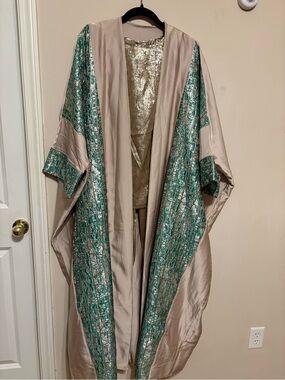 Beige and Teal Metallic-Panel Duster Cape